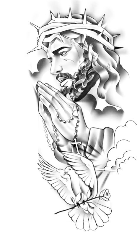 Tattoo Ideas For Men White Background, Child Of God Tattoo, Jesus Tattoo Design, Jesus Art Drawing, Dove Tattoo Design, Archangel Tattoo, Heaven Tattoos, Christ Tattoo, Skull Sleeve Tattoos