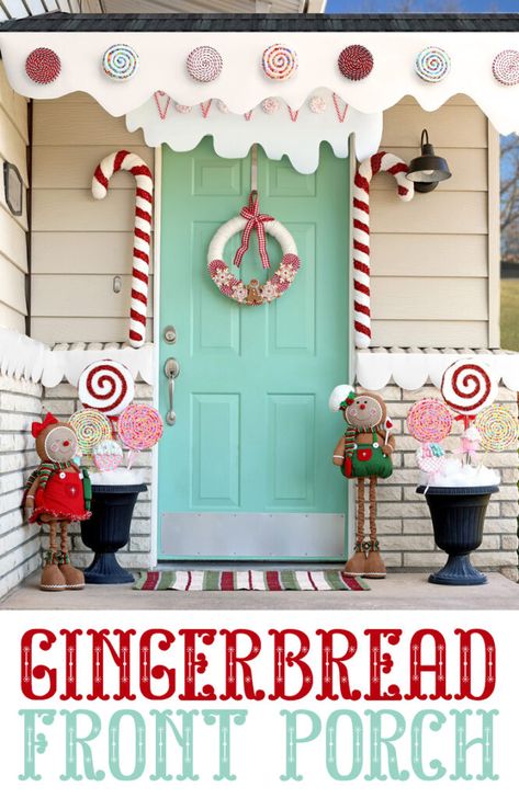 Gingerbread House Christmas Porch Christmas Themes Gingerbread, Gingerbread Front Door Decorations, Candy Christmas House Decorations, Gingerbread House Porch Ideas, Diy Front Porch Ideas Christmas, Fake Icing For Gingerbread House Outdoor, Christmas Candy House Decorations, Candyland Christmas Front Porch, Gingerbread House Entryway