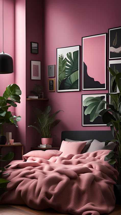 Pink Black Bedroom Aesthetic, Pink And Burgundy Bedroom, Luxury Pink Bedroom, Adult Pink Bedroom, Black And Pink Bedroom, Bedroom Inspirations Pink, Quirky Bedroom, Burgundy Bedroom, Pink Accent Walls