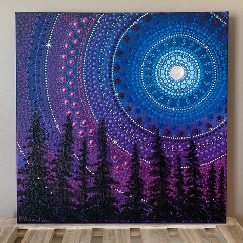 Brandy on Instagram: ““Midnight Sky”, acrylic on 12” x 12” canvas.” Paint Tricks, Mother Earth Art, Dotted Drawings, Aboriginal Dot Painting, Mandala Art Therapy, Mandala Stencils, Art Landscapes, Mandala Art Lesson, Mandala Artwork