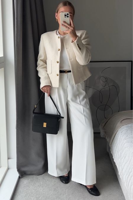 Chanel Tweed Jacket Outfit, White Tweed Jacket Outfit, Tailored Pants Outfit, Cropped Jacket Outfit, Tweed Jacket Outfit, White Tweed Jacket, Moda Chanel, Jacket Outfit Women, Cute Work Outfits