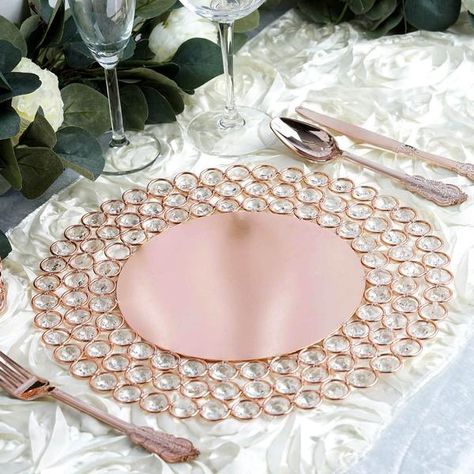 Rose Gold - Wired Metal Charger Plate With 118 Acrylic Crystal Beads | eFavormart Rose Gold Wedding Theme, Rose Gold Rims, Charger Plates Wedding, Queen Wedding, Plate Chargers, Indian Beadwork, Rose Gold Theme, Gold Chargers, Beaded Crown