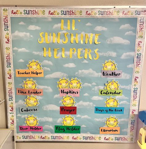 sunshine helpers, classroom idea, helped board, teacher Sunshine Daycare Theme, Sunshine Themed Classroom, Hello Sunshine Classroom Decor, Prek Classroom Setup Ideas, Sunshine Classroom Theme, Sunshine Classroom Decor, Prek Classroom Setup, Preschool Decorations, Sunshine Classroom