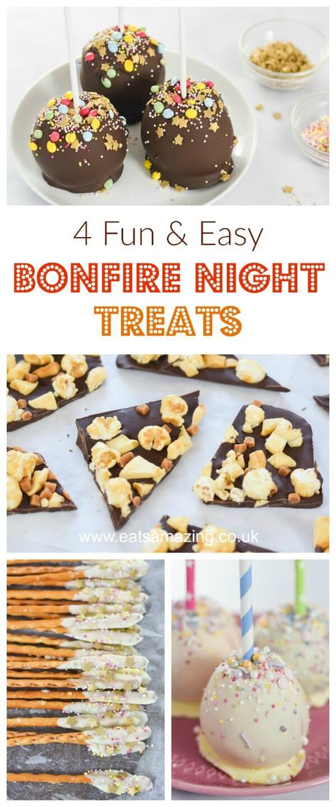 4 Fun and Easy Treat recipes for Bonfire Night with chocolate apples popcorn bark and edible pretzel sparklers - fun food for kids from Eats Amazing UK     #bonfirenight #bonfire #fireworks #candyapples #apples #chocolate #funfood #easyrecipe #treats #fallfood #fallrecipes #autumn Firework Food, Edible Sparklers, Apple Chocolate Bark, Easy Treat Recipes, Autumn Art Ideas For Kids, Bonfire Night Treats, Popcorn Bark, Bonfire Cake, Autumn Art Ideas