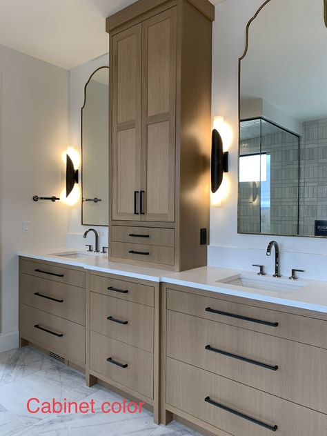 Small Bathroom Double Sink Ideas, Bathroom With Linen Tower, Master Bath Cabinet Organization, Double Vanity Bathroom With Linen Closet, Double Vanity Storage Tower, Primary Bath Vanity Ideas, Double Sink Vanity With Center Tower, Double Vanity Bathroom Layout Floor Plans, Master Bath With Linen Cabinet