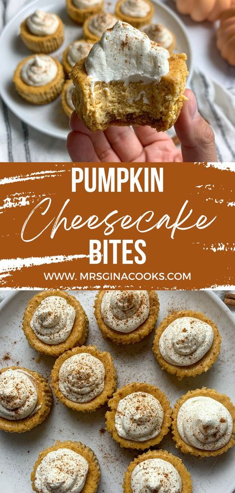 how-to-make-pumpkin-cheesecake-bites-recipe-fall-season-dessert-recipes-fall-season-recipes-holiday-dessert-recipes-cheesecake-recipe-thanksgiving-recipes-thanksgiving-dessert-recipes-mrs-gina-cooks-food-blog-tex-mex-recipes Dessert Recipes Thanksgiving, Best Holiday Ham Recipe, Pumpkin Cheesecake Filling, Pumpkin Cheesecake Bites, Pumpkin Dessert Recipes, Best Stuffing Recipe, Fall Desserts Pumpkin, Season Recipes, Thanksgiving Desserts Table