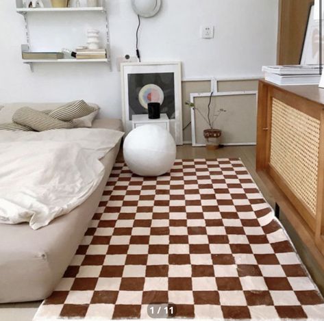 Brown Checkered Rug Living Room, Brown Checkered Rug, Checkered Area Rug, Plaid Area Rug, Brown Checkered, Minimalist Rugs, Checkered Rug, Brown Living Room, Kitchen Inspo