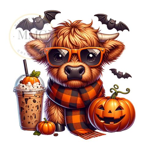 Fall Cows Aesthetic Wallpaper, Halloween Highland Cow, Highland Cow Clipart, Highland Cow Png, Fall Drawings, Sticker Design Inspiration, Cow Clipart, Baby Highland Cow