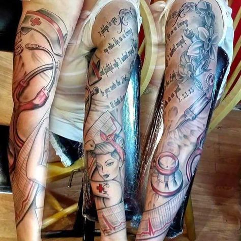 Nursing sleeve done by Greg Couvillier at The Studio Tattoo in Lafayette, LA - Imgur Healthcare Tattoo, Caduceus Tattoo, Ems Tattoos, Tech Tattoo, Doctor Tattoo, Tattoo Sleeve Ideas, Arm Sleeve Tattoos For Women, Nurse Tattoo, Medical Tattoo