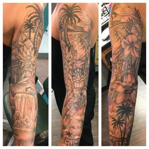 Tropical Sleeve, Ocean Sleeve Tattoos, Tropical Tattoo, Tiki Tattoo, Full Sleeve Tattoo Design, Palm Tattoos, Theme Tattoo, Hawaiian Tattoo, Beach Tattoo