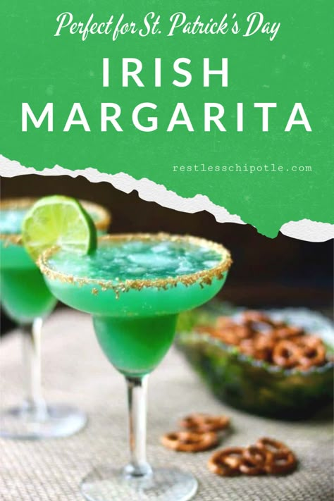 The perfect green cocktail for St Patrick's Day!Irish margarita recipe is made with tequila, Irish whiskey, and pineapple juice - a fruity drink with a kick like an Irish mule!  #stpatricksday #stpaddysday #party #drinks #green #IrishWhiskey #Jameson #tequila #margarita #restlesschipotle Green Tequila Cocktail, Irish Margarita, Irish Mule, Irish Cocktails, Sant Patrick, Restless Chipotle, St Patricks Day Drinks, Green Cocktail, Fruity Drinks