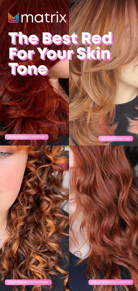 Discover your dream red!😍 Matrix Pros will help you navigate which red shade will compliment your complexion best ✨  #redhair #redhairinspiration #MatrixHair #haircare #haircolor #haircolorinspiration #copperhair #strawberryblonde #summerhair #summerredhair 7rg Hair Color, Red Hair For Cool Undertones, Red Hair For Neutral Skin Tone, Red Hair For Yellow Skin Tones, Red Tones Hair Color, Cool Red Hair Color Shades, Red Hair With Cool Skin Tone, Hair Color For Red Skin Tone, Muted Red Hair Color