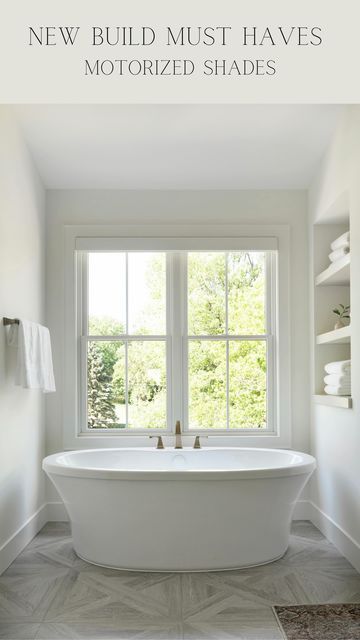 Bath Near Window, Bathroom Window Above Tub, Bathtub With Window Above, Bathrooms With Large Windows, Master Bath Window Treatments, Tub With Window Over It, Soaking Tub Under Window, Windows Above Bathtub, Freestanding Bathtub Under Window