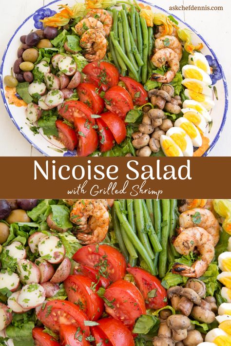 This recipe for Nicoise Salad with Grilled Shrimp is a twist on the classic, and it is sure to please! When food looks as good as it tastes, life is good. And it’s healthy too! When you travel through France and Italy you are sure to enjoy this traditional salad. Enjoy this perfect summer salad this weekend! Unusual Salads, Salad With Grilled Shrimp, Restaurant Salads, Traditional Salad, Nicoise Salad Recipe, Grilled Recipes, Restaurant Style Recipes, Delicious Seafood Recipes, Nicoise Salad