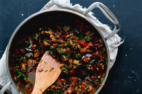 Eggplant Caponata & Labneh Bruschetta | The Brick Kitchen Green Apple Salad, Eggplant Pasta, Spicy Eggplant, Eggplant Caponata, Roasted Capsicum, Sticky Pork, Canapes Recipes, Pasta Puttanesca, Brick Kitchen