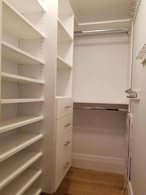 Narrow Walk-in Closet - Contemporary - Wardrobe - New York - by Smart Closets | Houzz UK Tiny Walk In Wardrobe, Narrow Walk In Wardrobe, Long Narrow Walk In Closet, Narrow Master Closet, Tiny Walk In Closet, Wir Ideas, Tiny Walk In Closet Ideas, Narrow Walk In Closet Ideas, Contemporary Walk In Closet