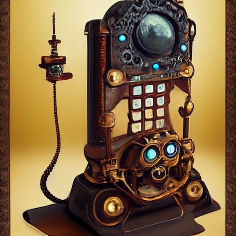 Ai generated concept art Steampunk Device Concept Art, Communication Device Concept Art, Fantasy Communication Device, Magic Science, Fantasy Concept, Neo Victorian, Communication Devices, Phone Art, Phone Booth