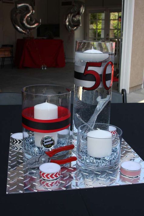 Tools Birthday Party Ideas | Photo 5 of 17 | Catch My Party Tools Birthday Party, Mechanics Birthday, 50th Birthday Party Ideas For Men, Ideas Aniversario, Moms 50th Birthday, Birthday Decorations For Men, 50th Birthday Decorations, 50th Party, Birthday Centerpieces