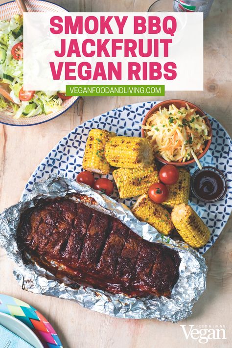 Vegan Smoky BBQ Jackfruit Ribs Vegan Bbq Ribs, Jackfruit Ribs, Sticky Bbq Sauce, Peanut Butter Salad, Vegan Ribs, Vegan Bbq Recipes, Seitan Recipes, Vegan Barbecue, Bbq Jackfruit