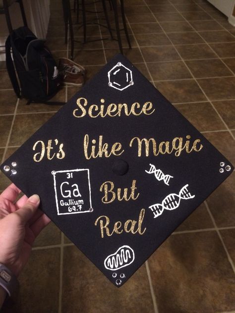 Graduation cap.... it turned out amazing! Graduation Cap Designs Chemistry, Physics Graduation Cap, Biochemistry Graduation Cap, Exercise Science Graduation Cap, Graduation Cap Science, Chemistry Graduation Cap, Graduation Cap Designs Pharmacy, Graduation Cap Designs College Biology, Biology Grad Cap