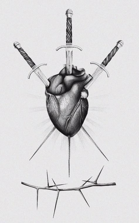 Heart With Swords Tattoo, Heart With Knife, Knife Tattoo, Tattoo Heart, Geometric Tattoo Design, Heart Drawing, Tattoo Art Drawings, Realism Tattoo, Black Ink Tattoos