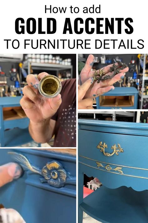 Gold Dust Furniture, Gold Trim Furniture, Gold Gilding Wax On Furniture, Using Gold Leaf On Furniture, Adding Gold Accents To Furniture, Gold Leaf Furniture Ideas, Gilding Wax On Furniture, Blue Nightstand, Gold Leaf Furniture