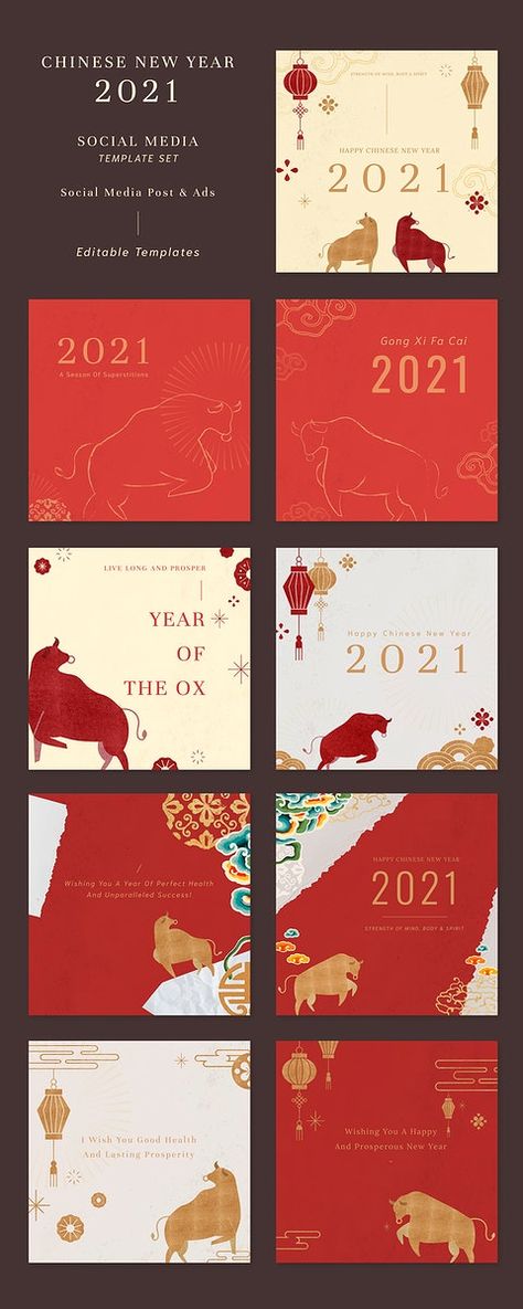 Chinese New Year psd file templates greeting 2021 social media post set | premium image by rawpixel.com / Nunny Chinese New Year Social Media Post, Chinese New Year Instagram Post, Chinese New Year Wishes, New Year Post, Real Estate Infographic, Chinese New Year Poster, Social Media Branding Design, Media Branding, Social Post