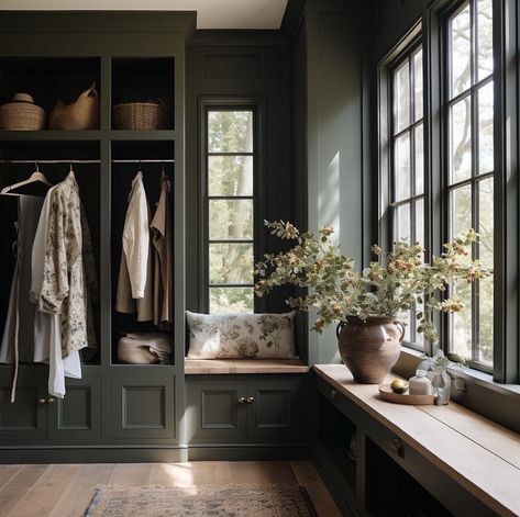 Dark Green Rooms, Room Pic, Mudroom Makeover, Farmhouse Renovation, Mudroom Design, Style Cottage, Green Cabinets, Boot Room, September 8