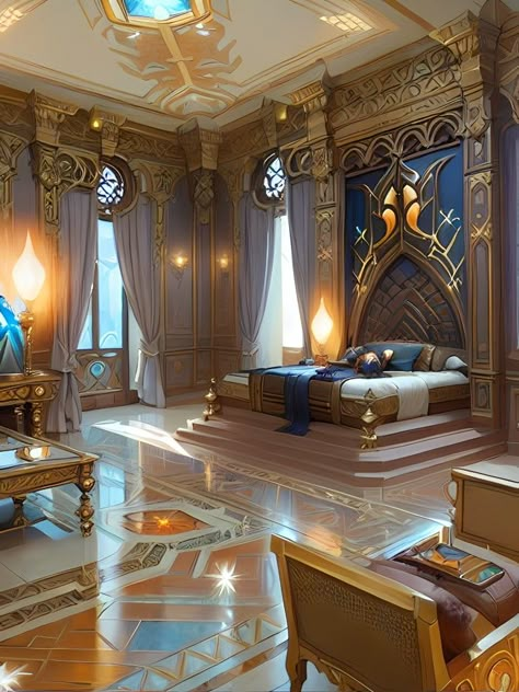 Kings Bedroom Fantasy Art, Fantasy Palace Bedroom, Castle Rooms Bedrooms, Royal Bedroom Concept Art, Fantasy Royal Bedroom, Fantasy Castle Bedroom, Fantasy Palace Interior, Fantasy Bedroom Concept Art, Fantasy Castle Interior