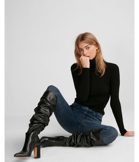 Tall Slouch Boots Black Women's 8 Slouch Boots Outfit, Otk Boots Outfit, Knee Boots Outfit, High Boots Outfit, Boot Outfits, Slouch Boots, Boot Fashion, Jeans With Heels, Slouchy Boots