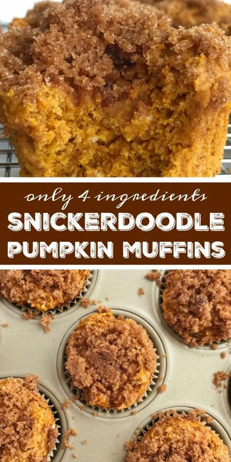 Snickerdoodle Pumpkin Muffins | Pumpkin Muffin Recipe | Snickerdoodle pumpkin muffins are only 4 ingredients! No egg, oil or butter. These pumpkin muffins are moist, super soft, loaded with pumpkin flavor, and topped with cinnamon & sugar snickerdoodle topping. A doctored up cinnamon crumb cake mix, a can of pumpkin, milk, and pumpkin pie spice is all you need. #pumpkin #pumpkinmuffins #pumpkinrecipe #fallrecipes #recipeoftheday #easyrecipe Pumpkin Mix Recipes, Pumpkin Cinnamon Muffins, Spice Cake Mix Muffins, Pumpkin Cake Mix Muffins, Pumpkin Milk, Cinnamon Crumb Cake, Muffins Pumpkin, Muffins Blueberry, Cake Mix Muffins