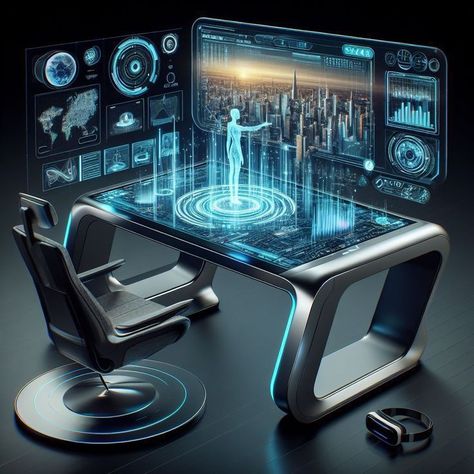 Futuristic Technology Concept Art, Futuristic Desk, High Tech Interior, Futuristic Computer, Future Technology Concept, 3d Miniature, Space Ships Concept, Future Gadgets, Holography