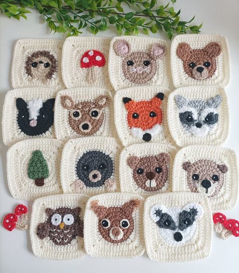 Woodland Mods — Baby Crochet Designs Crochet Animal Squares Blanket, Nature Themed Granny Squares, Raccoon Granny Square, Crochet Baby Blanket Free Pattern Boy Granny Squares, Woodland Animal Crochet Blanket, Animal Granny Square Crochet, Crochet Patchwork Baby Blanket, Unique Granny Squares Crochet Pattern, Granny Square Animals Free Pattern