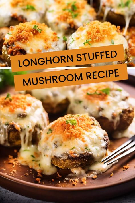 Get a taste of Texas with this easy-to-make stuffed mushroom recipe! Perfect as an appetizer or main entree, these longhorn mushrooms will satisfy your cravings. Mouth Watering Stuffed Mushrooms, Longhorn Chocolate Stampede Recipe, Crockpot Stuffed Mushrooms, Longhorns Stuffed Mushrooms, Red Lobster Stuffed Mushrooms Recipe, Longhorn Mushrooms, Stuffed Mushrooms With Stovetop Stuffing, Stuff Mushrooms Recipes, Stuffed Mushrooms With Crabmeat