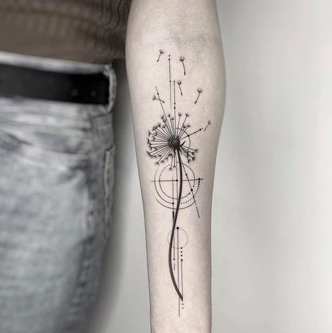 Geometric Tattoo - Geometric Dandelion Tattoo Geometric Dandelion Tattoo, Geometric Family Tattoo, Geometric Tattoo Design For Women, Tattoo Trends 2023 Women, Cool Forearm Tattoos For Women, Geometric Tattoo Women, Flower Geometric Tattoo, Geometrical Tattoo Design, Vertical Tattoo Design