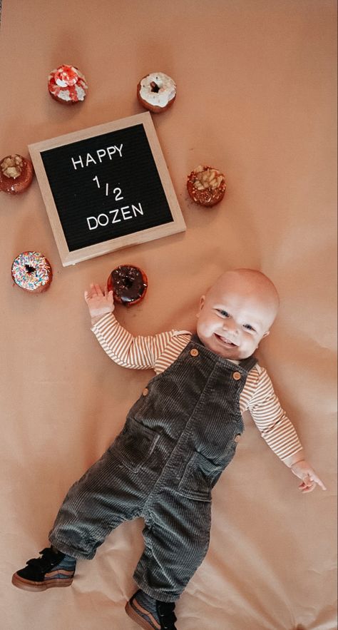 6 Month Twin Picture Ideas, Happy Half Dozen 6 Months, Half Birthday Baby Boy Photoshoot, Half Dozen Birthday Photo, Half A Dozen Donuts For 6 Months, 4 Month Milestones Photo Ideas, Half Dozen Photo Shoot, Half Birthday Ideas For Boys Photoshoot, Happy Half Dozen