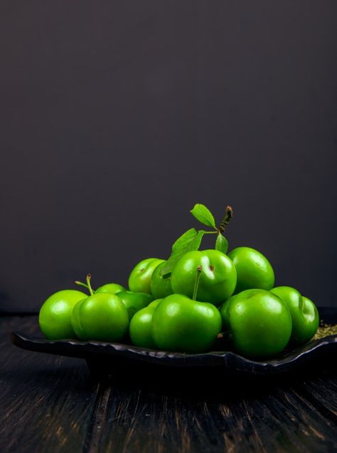 Green Plums, Food Photography Dessert, Dark Wooden Table, Dark Table, Green Plum, Dried Plums, Plum Fruit, Fruits Photos, Plum Jam