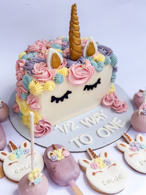 Unicorn Half Birthday Ideas, Unicorn Theme Half Birthday Cake, Half Cake Birthday 6 Months Girl Unicorn, 6 Month Cake Ideas, Half Cake Designs, Half Birthday Cakes Girl, 6th Month Birthday Cake, Six Month Birthday Cake, 1/2 Birthday Cake 6 Months