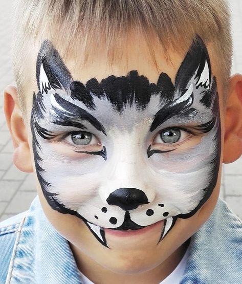 WOLF Halloween Face makeup for kids Husky Face Paint, Kids Wolf Makeup, Kids Wolf Face Paint, Face Paint Wolf, Bobcat Face Paint, Coyote Face Paint, Wolf Face Paint Easy, Wolf Face Painting, Halloween Wolf Makeup