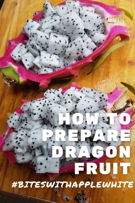 Dragon Fruit is a beautiful fruit that's full of fiber and vitamins that are beneficial to your health. Dragon fruit is great for smoothies and smothie bowls. It's also a great snack. Learn how easy it is to prep dragon fruit so you can have it as often as you can. #BitesWithApplewhite What To Do With Dragon Fruit, Dragon Fruit Charcuterie, How To Cut A Dragon Fruit, Dragon Fruit Platter, Dragon Snacks, Dragon Fruit Recipe Meals, How To Cut Dragon Fruit Video, How To Peel Dragon Fruit, How To Eat Dragon Fruit