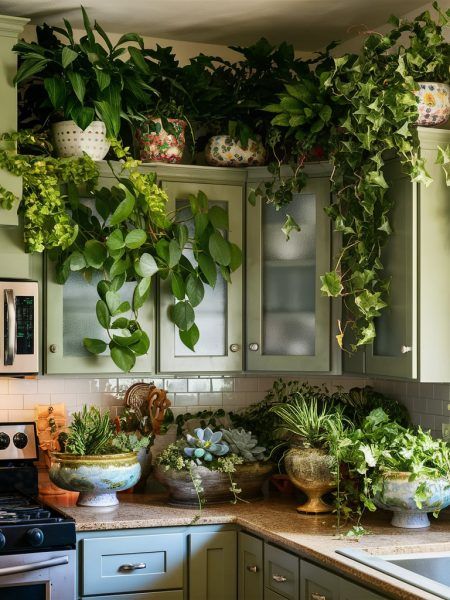 Plants Kitchen Cabinet, Greenery On Kitchen Cabinets, Plant On Top Of Cabinet, Kitchen Plants Aesthetic, Plants Over Kitchen Cabinets, Kitchen Top Shelf Decor Upper Cabinets, Earthy Kitchen Cabinets, Above Cabinet Decor Kitchen Boho, Shelves Across Windows