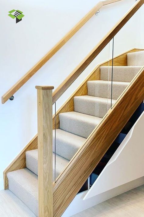 An oak staircase with embedded glass. The staircase is beautifully carpeted in a beige shade. Made by UK bespoke timber staircase manufacturer StairBox Memory Keepsake Ideas, Landing Carpet, Carpeted Staircase, Bar Under Stairs, Hallway Aesthetic, Stairs Makeover Design, Staircase Manufacturers, Stairwell Ideas, Led Stair Lights