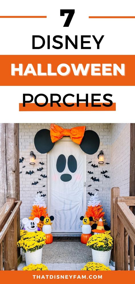 7 Best Disney Halloween Porches - That Disney Fam Entryway Halloween Ideas, Disney Halloween Porch Decorations, Diy Mickey Mouse Halloween Decorations, Disney Halloween Trunk Or Treat, Disney Halloween Yard Decorations, Mickey Trunk Or Treat Ideas, Disney Halloween Front Porch, Fall Disney Decor, Simple Halloween Decor Outdoor Diy