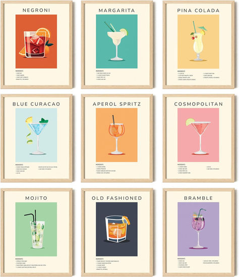 Add a focal point to your bar cart decor with these neat pastel cocktail prints! Each alcohol poster can fit any style, be it apartment decor aesthetic wall art, dorm wall decor, or y2k cocktail preppy poster wall Aesthetic Pictures Colorful, Preppy Bar, Alcohol Decor, Cocktail Pictures, Wall Art Funky, Colorful Preppy, Cocktail Wall Art, Cocktail Mixology, Bar Cart Accessories