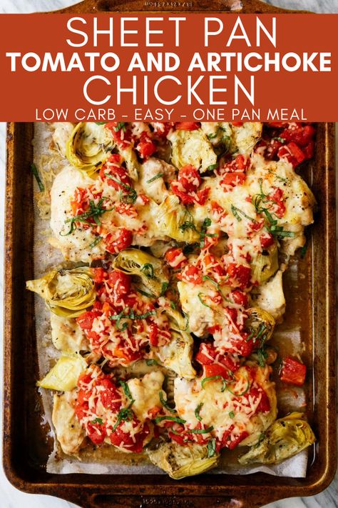 This Sheet Pan Tomato and Artichoke Chicken recipe is a simple one pan chicken dinner that you can make in 30 minutes. Use basic ingredients to make a healthy and delicious low carb meal. Chicken Artichoke Recipes, Mediterranean Recipes Healthy, Mediterranean Diet Recipes Dinners, One Pan Meal, Sheet Pan Dinners Recipes, Easy Mediterranean Diet Recipes, Artichoke Chicken, Artichoke Recipes, Lost 100 Pounds