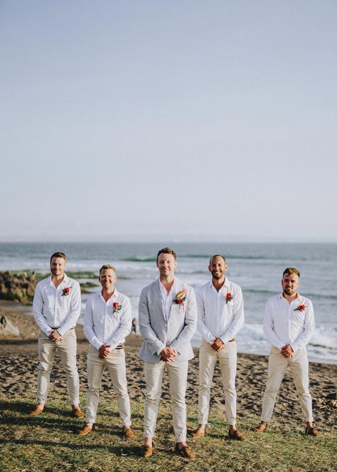 Bali Wedding Groomsmen, Mens Attire Beach Wedding, Bali Groomsmen Attire, Mens Tropical Wedding Attire, Hawaii Wedding Party Attire, Groomsmen Attire Tropical, Tropical Groom Attire, Tropical Wedding Groomsmen, Beach Wedding Mens Attire Grooms