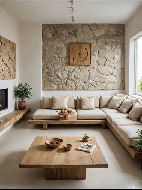 Home Hall Design, Diy Home Furniture, Ideas Casa, Decor Home Living Room, Home Room Design, Living Room Seating, Dream House Decor, Stone Wall, Dream Home Design