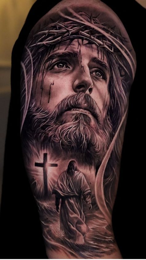 Saint Joseph Tattoo, God Tattoos Men, Jesus Tatoos Ideas, Name On Back Tattoo, Jesus Tattoo Men, Jesus Tattoo Design For Men, Catholic Tattoos Sleeve, Watercolor Tattoo Men, Jesus Piece Tattoo