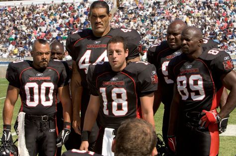 Adam Sandler, Terry Crews, Lobo Sebastian, Bob Sapp, and Dalip Singh in The Longest Yard (2005) Bob Sapp, Football Comedy, The Longest Yard, Adam Sandler Movies, Football Movies, Must See Movies, Terry Crews, Character Types, Burt Reynolds