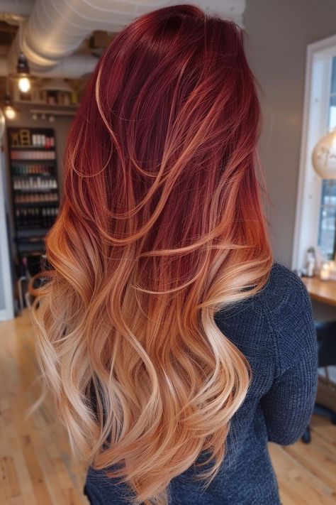 Enhance your natural beauty with our 29 long ombre hairstyles. These cuts showcase how a simple color technique can transform your overall appearance. Visit our site now to see more and choose your new look. Sunset Hair Color, Flame Hair, Ombre Hairstyles, Dark Green Hair, Amber Hair, Sunset Hair, Red Ombre Hair, Red Blonde Hair, Peekaboo Hair